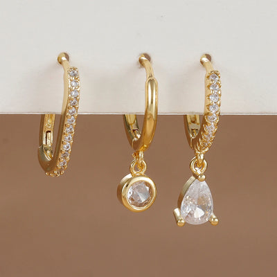 3PCS Fashion Stainless Steel Water Drop Zircon Dangle Earrings Gold Set