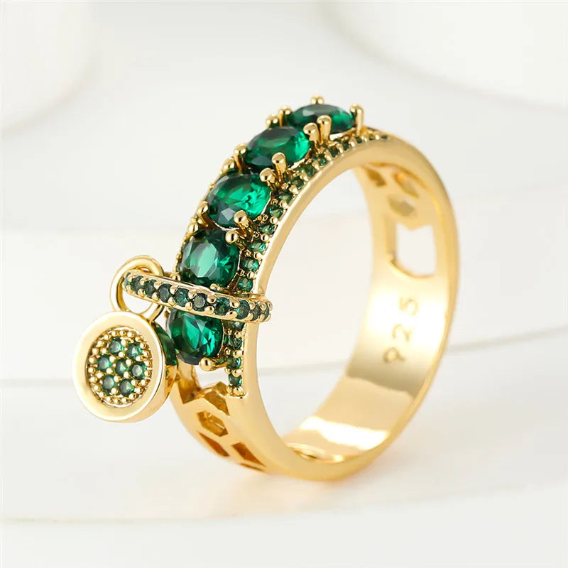 Vintage Royal Blue Stone Ring Yellow Gold Color Luxury Female Wedding Rings For Women Round Dangle Ring Engagement Jewelry Gifts