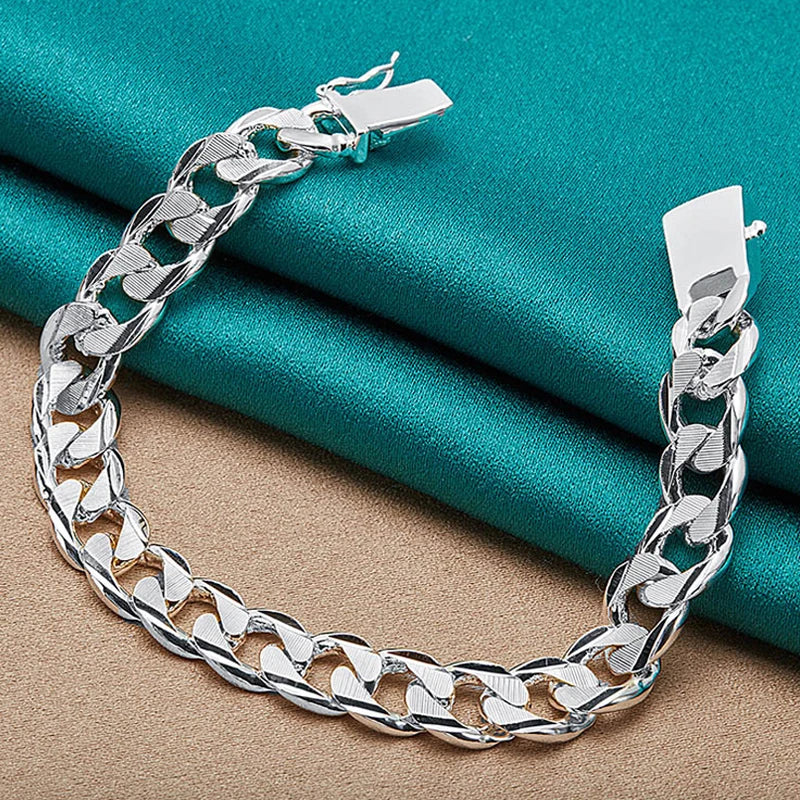 10mm Side Chain Bracelet 925 Sterling Silver Men Women Wedding Charm Gift