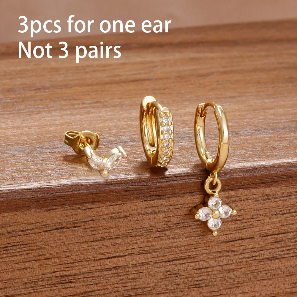 3PCS Korean Stainless Steel Butterfly Crystal Zirconia Hoop Earrings
