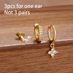 3PCS Korean Stainless Steel Butterfly Crystal Zirconia Hoop Earrings