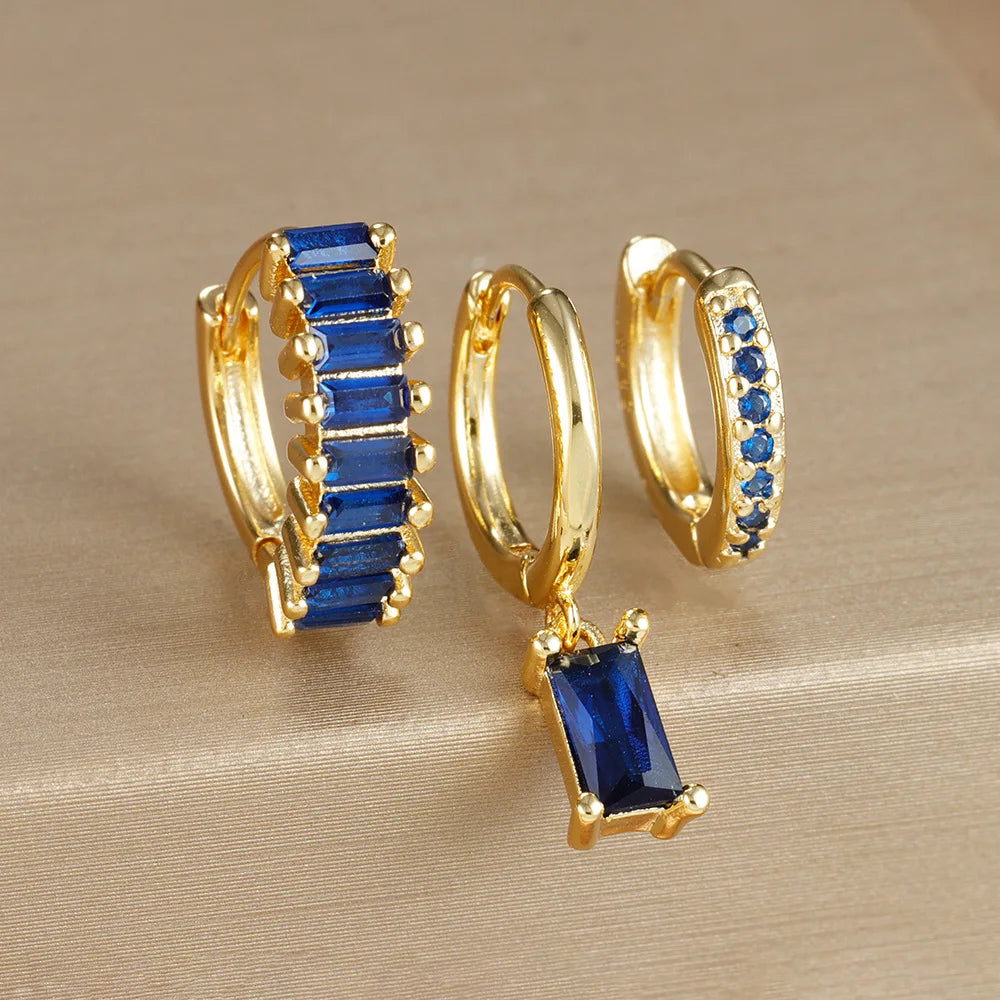 3PCS Stainless Steel Gold Plated Hoop Earrings Zircon Pendant