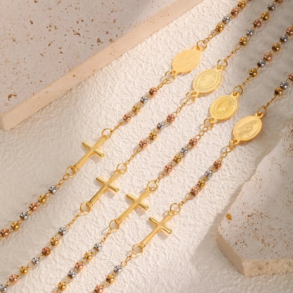 Stainless Steel Virgin Mary St Benedict Cross Bracelet, Bead Chain Bracelet Women Religious Jewelry
