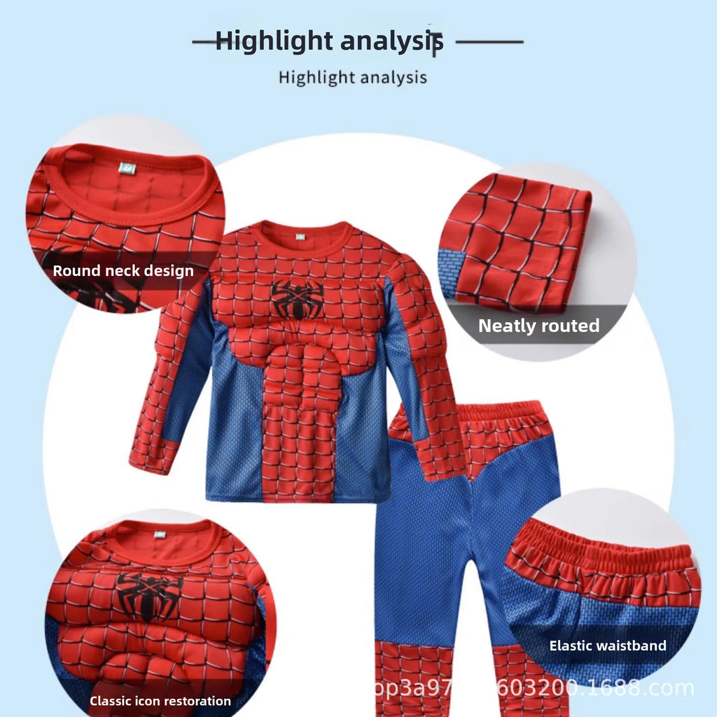 Spiderman Muscle Cosplay Suit Superhero Boys Girls Top Pants Cape Halloween