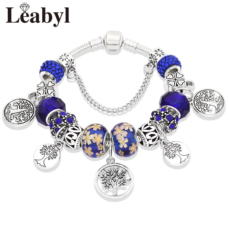 Tibetan Silver Tree of Life Charm Bracelet Green Crystal Flower Bead DIY
