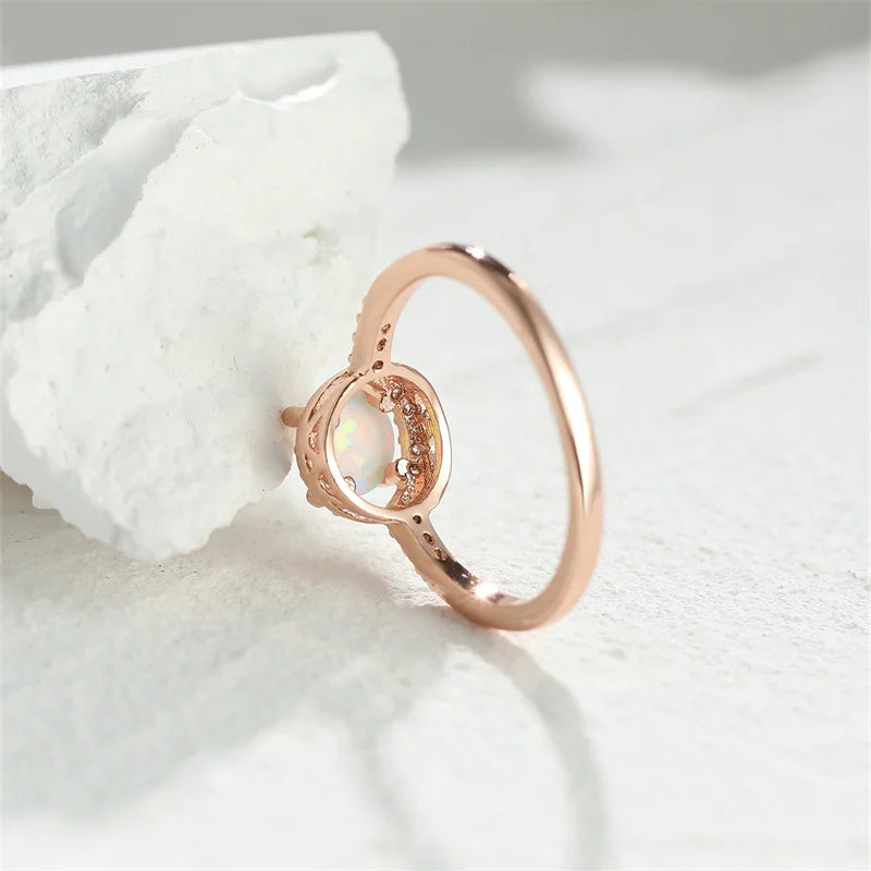 Simple Rainbow Birthstone Blue Fire Opal Rings For Women Rose Gold Color Round Ring Wedding Bands Stacking Thin Ring Jewelry