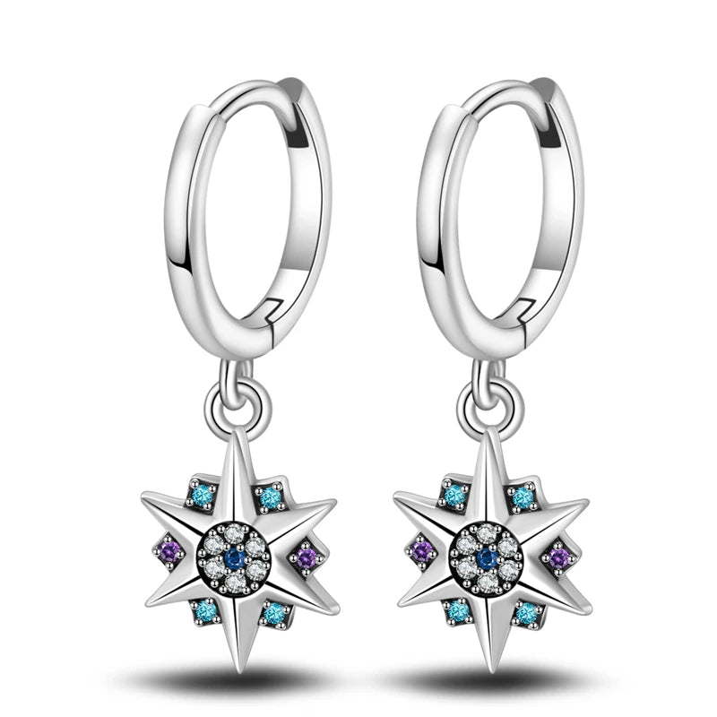 925 Sterling Silver Star Moon Sun Tassel Versatile Hoop Earrings Fine Gift