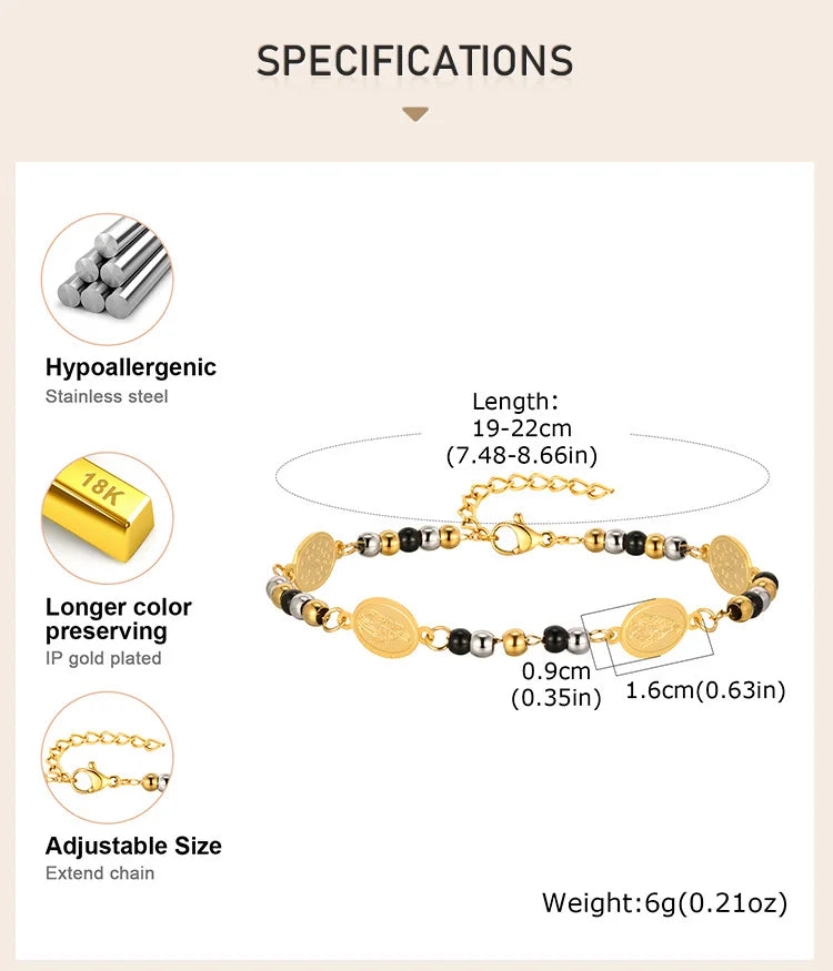 Beads Chain Virgin Mary Bracelet For Women, Stainles Steel Rosary Cross Bracelets, Gold Plated Faith Jewelry Gift