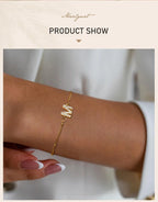 Charms Pave Initial Letter Bracelet, Paperclip Satellite Chain Stainless Steel Gold Plated, Handmade Jewelry for Women