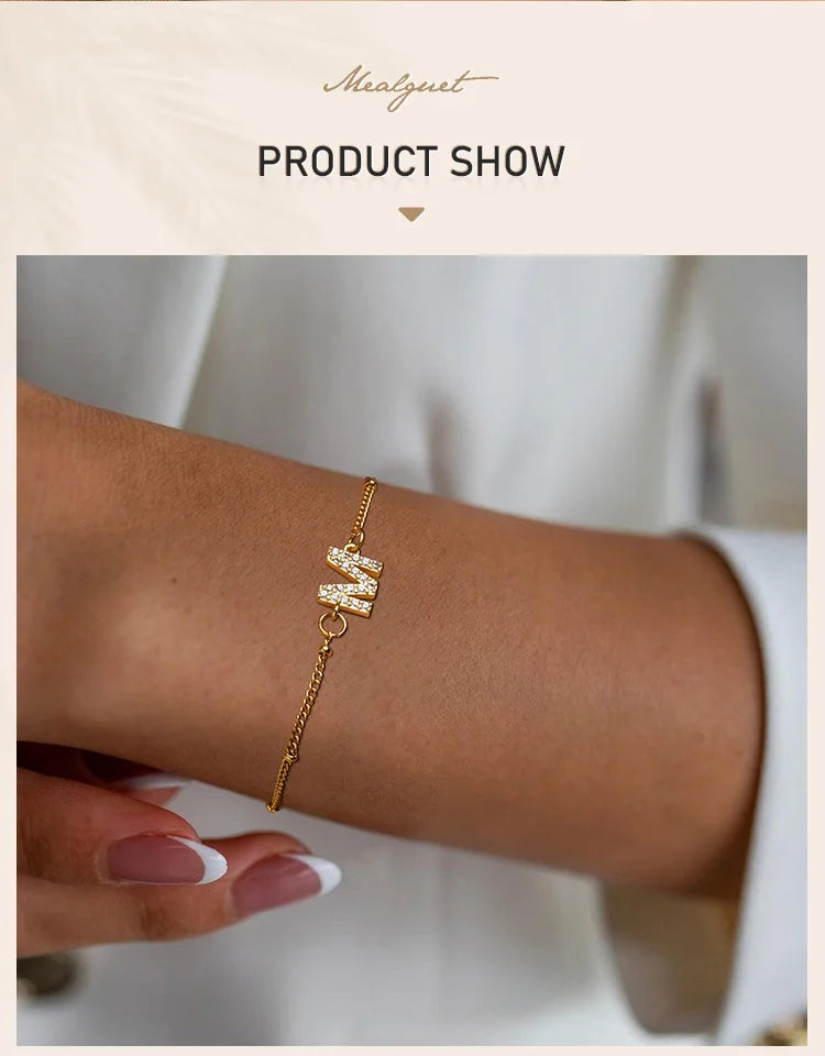 Charms Pave Initial Letter Bracelet, Paperclip Satellite Chain Stainless Steel Gold Plated, Handmade Jewelry for Women