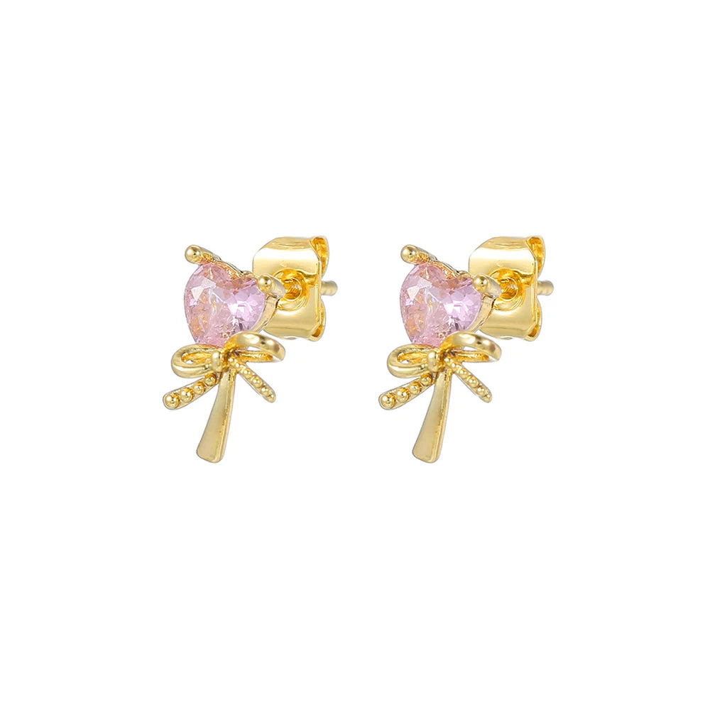 2PCS Pink Zircon Chain Tassel Bowknot Drop Earrings Sweet Pendant