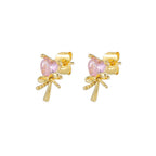 2PCS Pink Zircon Chain Tassel Bowknot Drop Earrings Sweet Pendant