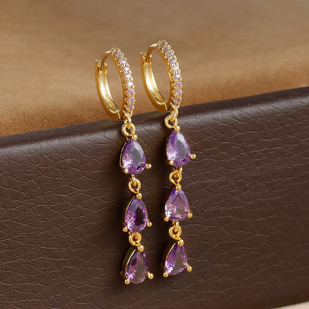 2PCS Luxury Stainless Steel Water Drop Pendant Earrings CZ Zircon