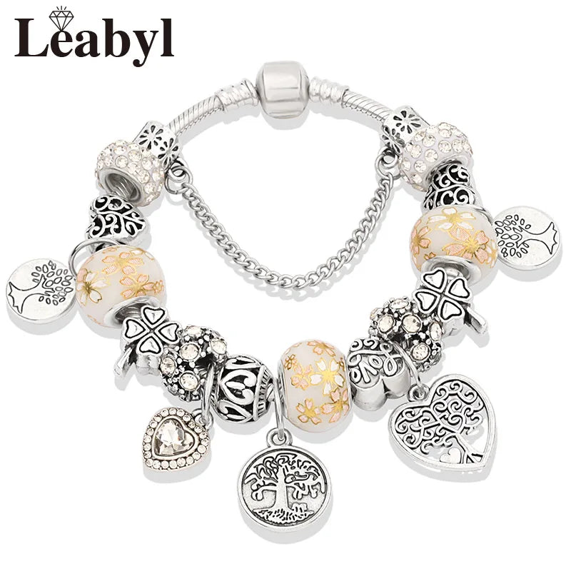 Tibetan Silver Tree of Life Charm Bracelet Green Crystal Flower Bead DIY