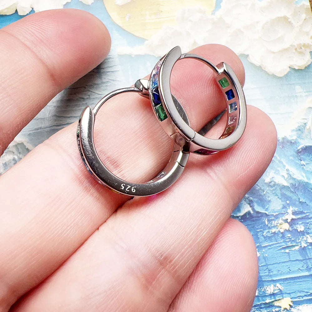 Rainbow Stone Hoop Earrings Creole 925 Sterling Silver Bohemia Gift