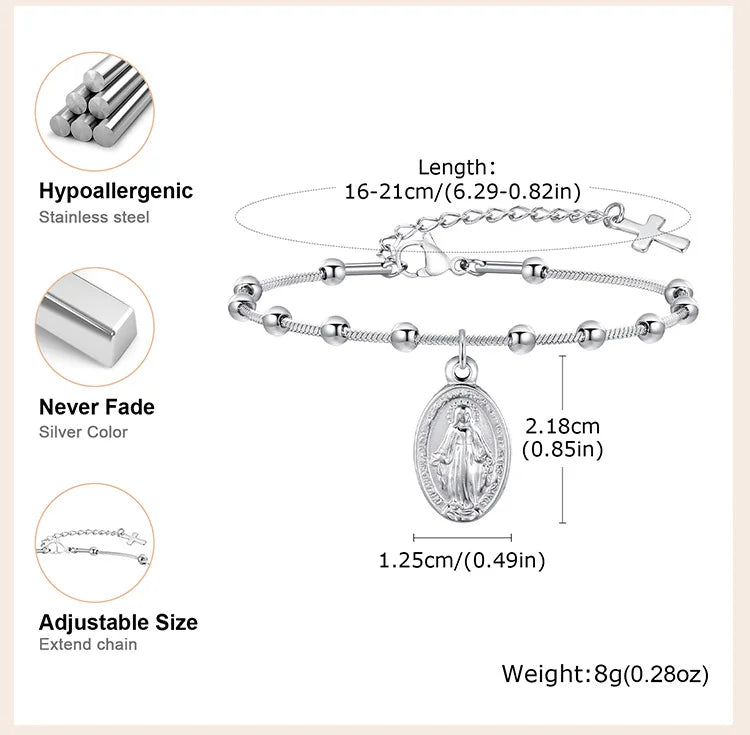 Virgin Mary Rosary Cross Bracelet for Women, Beaded Chain Stainless Steel Adjustable, Religious Jewelry