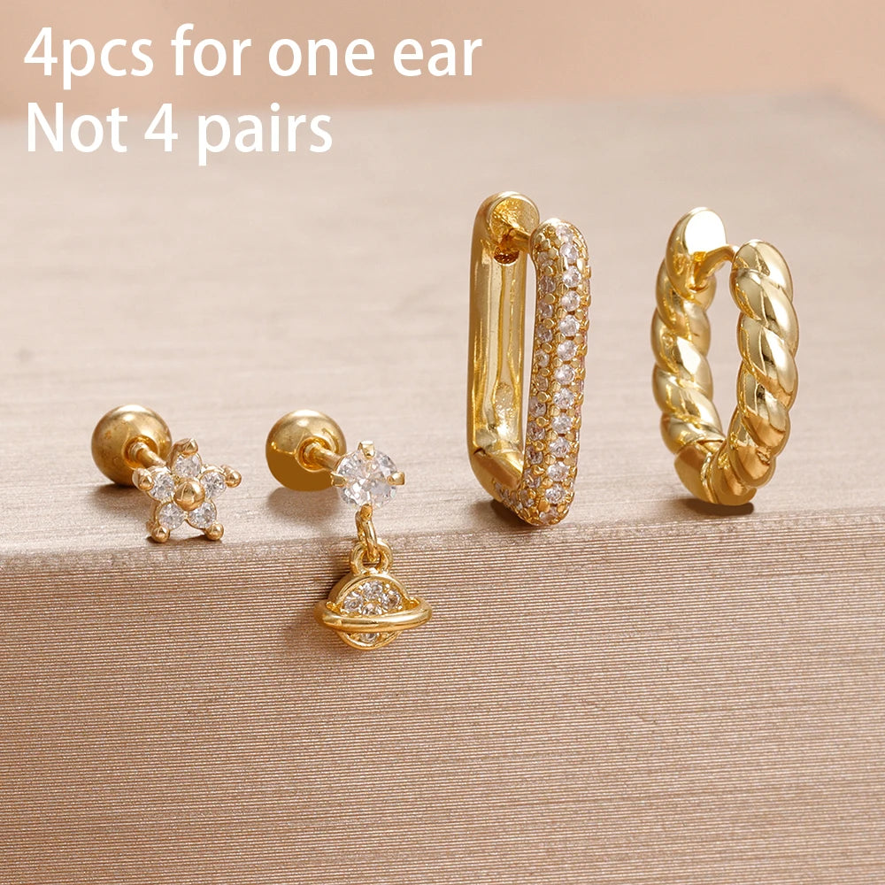 4PCS Star Moon Stainless Steel Zircon Stud Earrings 14K Gold Plated
