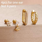 4PCS Star Moon Stainless Steel Zircon Stud Earrings 14K Gold Plated