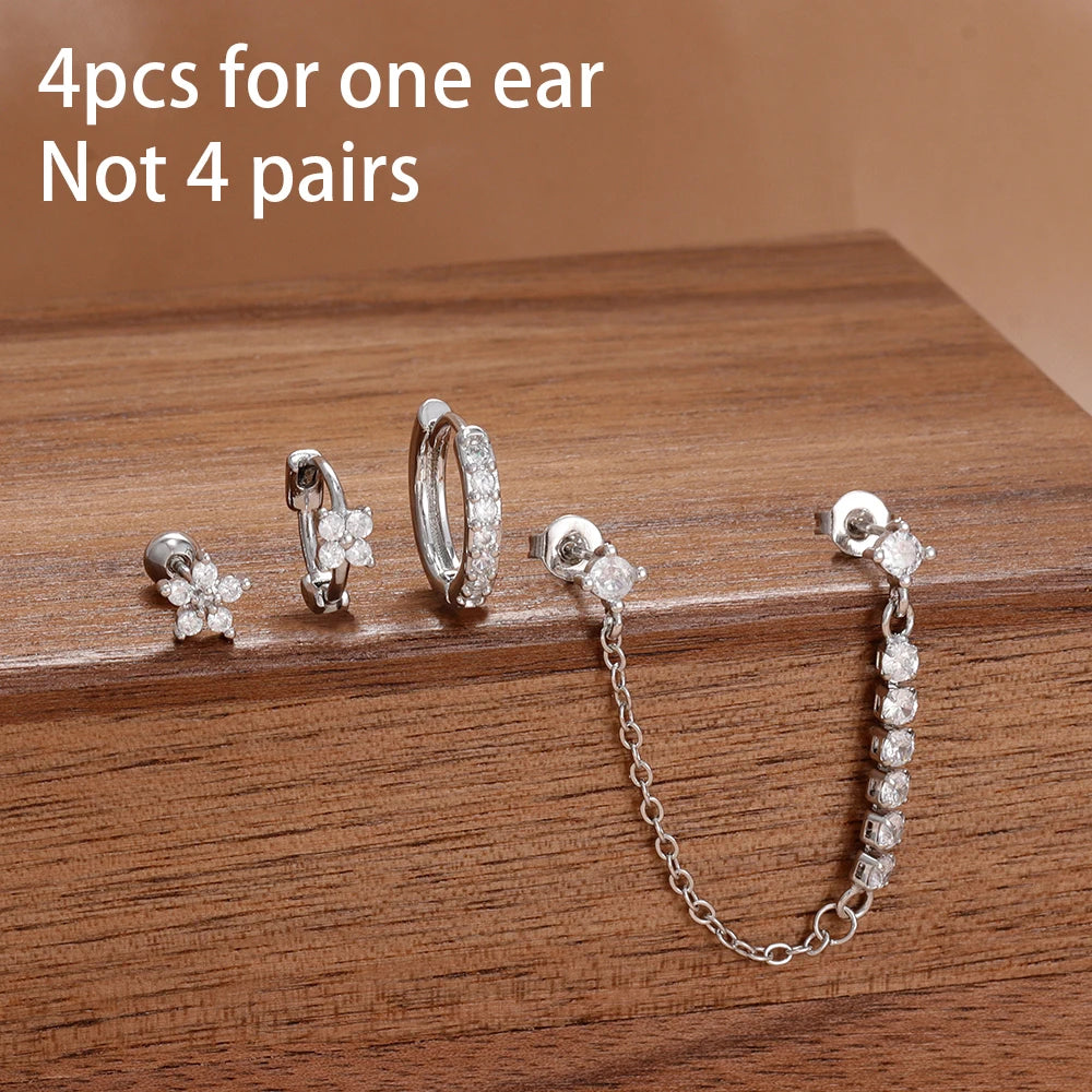 4PCS French Design Tassel Chain Pendant Hoop Earrings Set Zircon Stud