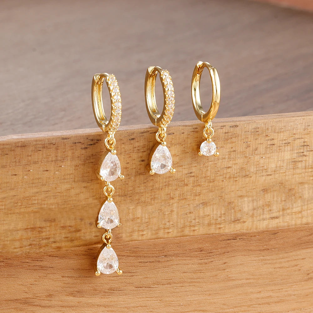 3PCS Exquisite Crystal Zirconia Water Drop Gold Colour Dangle Set