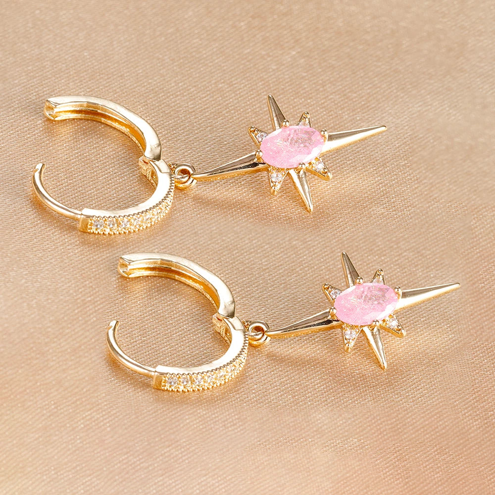 Luxury Crystal Zirconia Star Hoop Earrings Gold Plated Geometric
