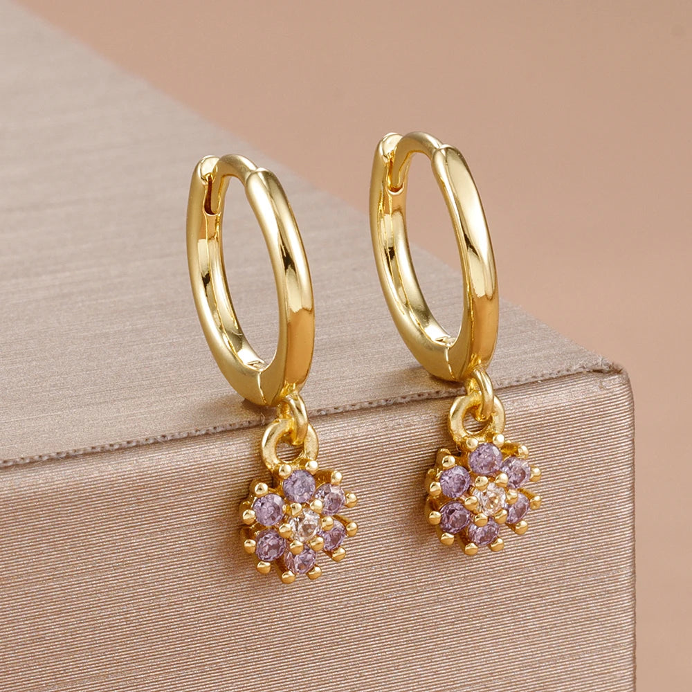 Exquisite Colourful Crystal Flower Hoop Earrings Stainless Steel