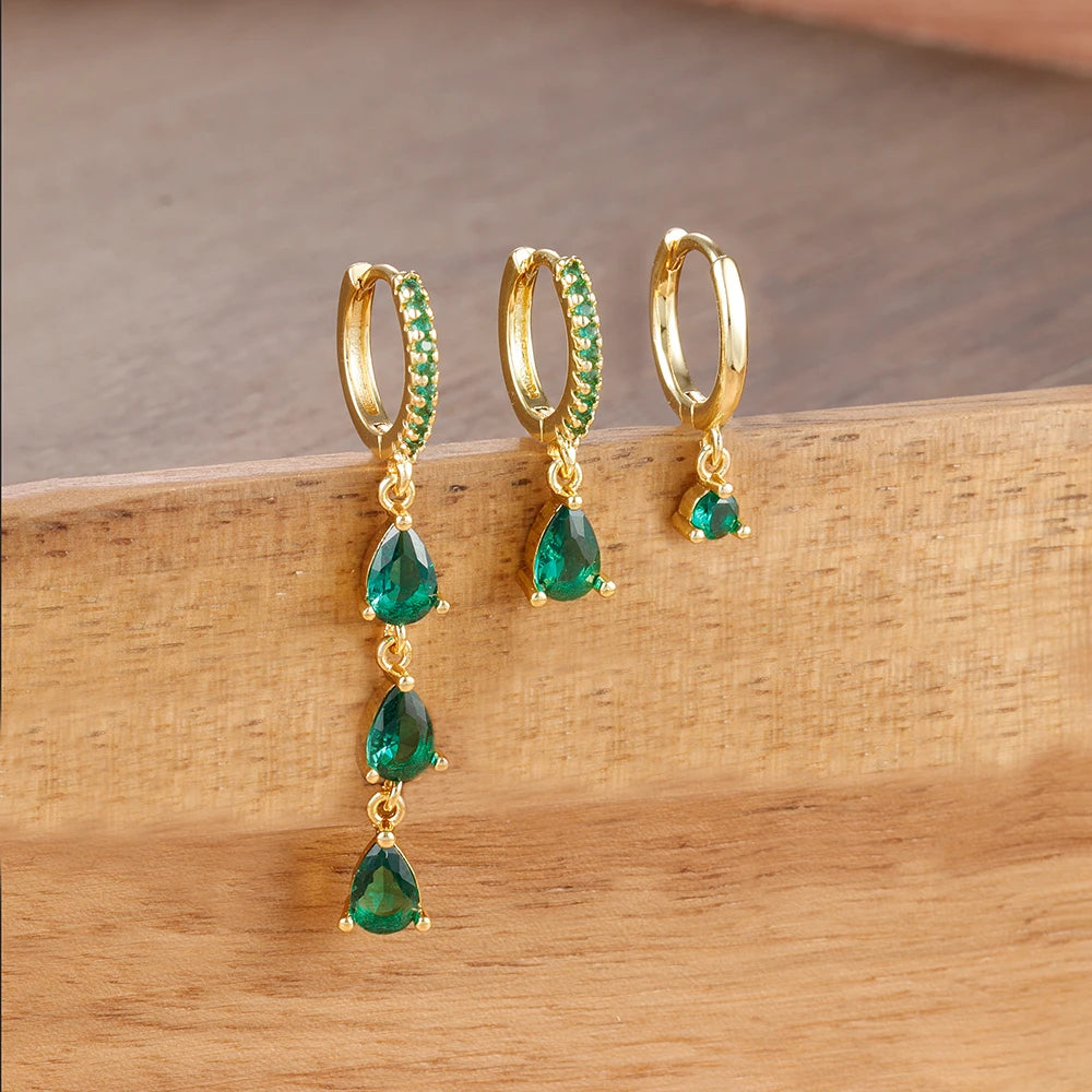 3PCS Exquisite Crystal Zirconia Water Drop Gold Colour Dangle Set