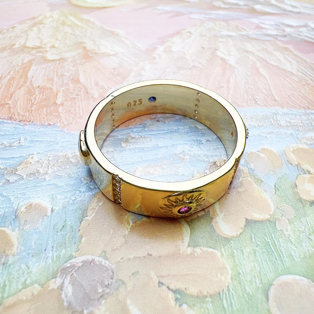 Gold Ring Cosmic Motifs 925 Sterling Silver Vintage Talisman Lucky Gift