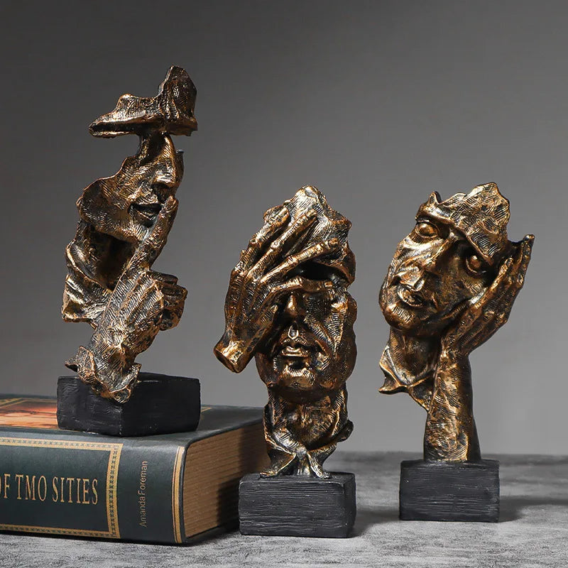 16cm Set of 3 Abstract Sculpture Resin Silence Is Gold Statue Office Bookshelf Object