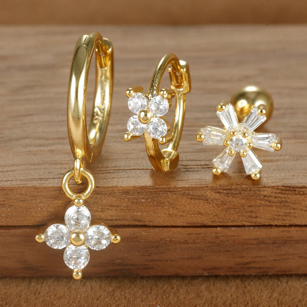 3PCS Four Flower Zircon Little Hoop Earring Star Cartilage Piercing
