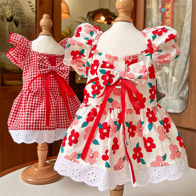 Sweet Bow Dog Cat Dress Set, Floral Lace Party Dress with Bow Tie, Cute Photoshoot Outfit for Small Medium Pets, Special Occasio