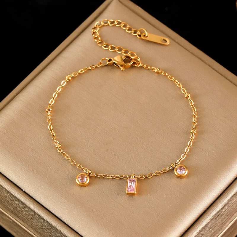 Colored Transparent Stone Stainless Steel Bracelet Exquisite Thin Chain
