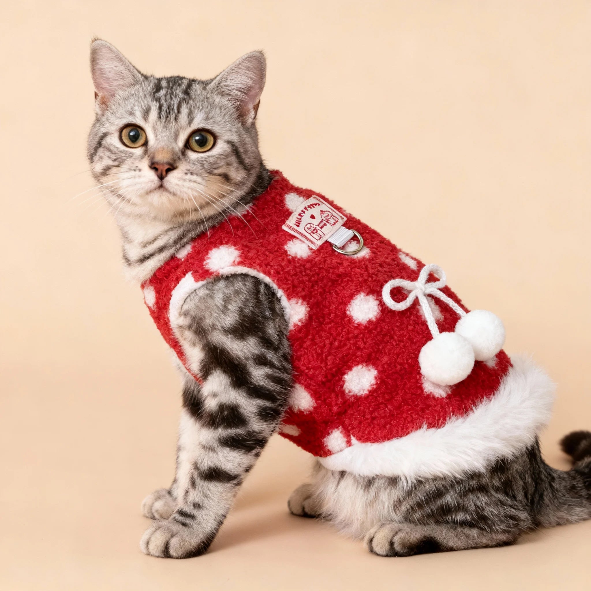 Cute Red Cherry Dog Vest, Soft Plush Pet Harness Vest with Leash Ring, Warm Puppy Kitten Clothing for Small Medium Cats Dogs