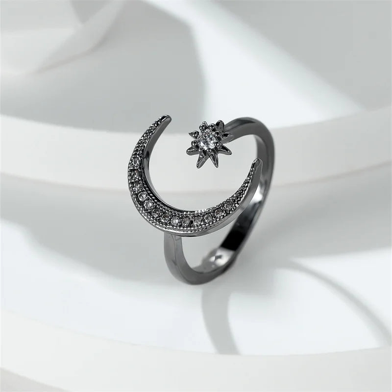 Minimalist Female Stacking Boho Star Moon Rings For Women Silver Rose Gold Color White Crystal Open Size Ring Wedding Bands Gift