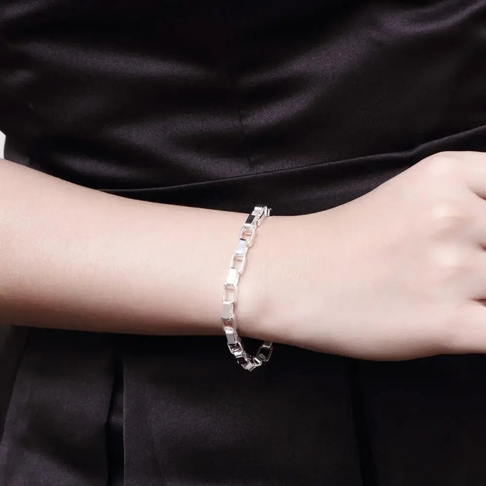 Classic Long Square Chain Bracelet 925 Sterling Silver Men Women Wedding