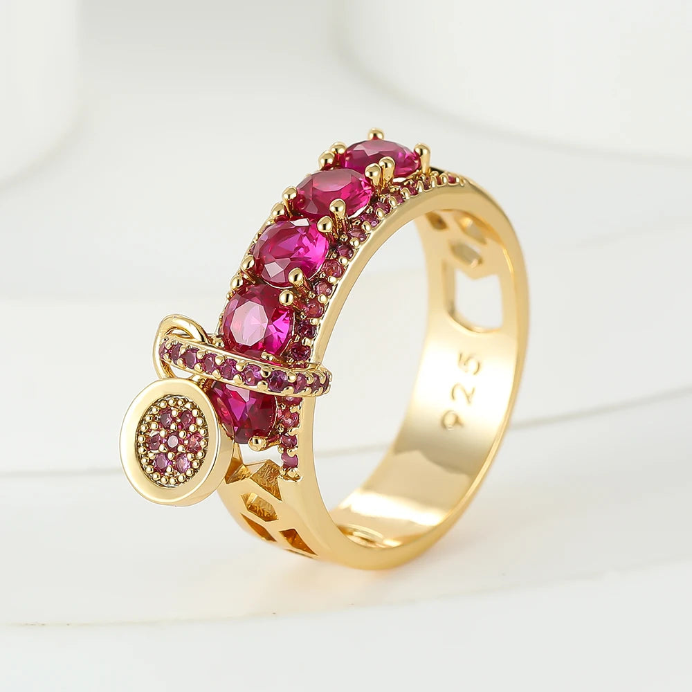 Luxury Female Rose Red Stone Wedding Rings For Women Engagement Jewelry Cute Pink Zircon Round Dangle Ring Christmas Day Gifts