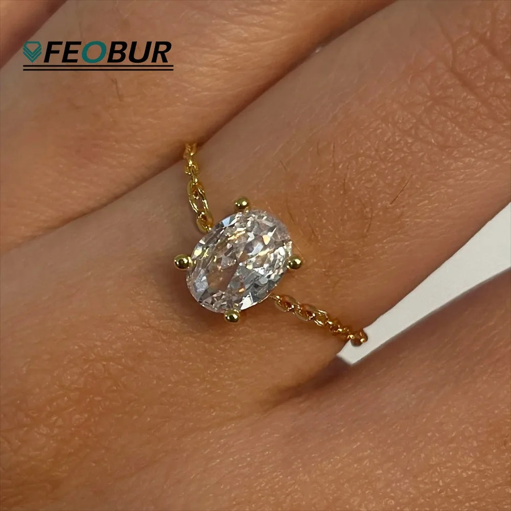 Certified Moissanite Chain Ring 1CT Oval Pear Cut Adjustable 925 Sterling Silver