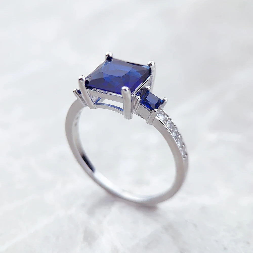 Cocktail Ring Blue White Square Stones 925 Sterling Silver Classic Jewellery