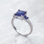 Cocktail Ring Blue White Square Stones 925 Sterling Silver Classic Jewellery