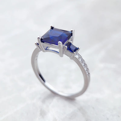 Cocktail Ring Blue White Square Stones 925 Sterling Silver Classic Jewellery
