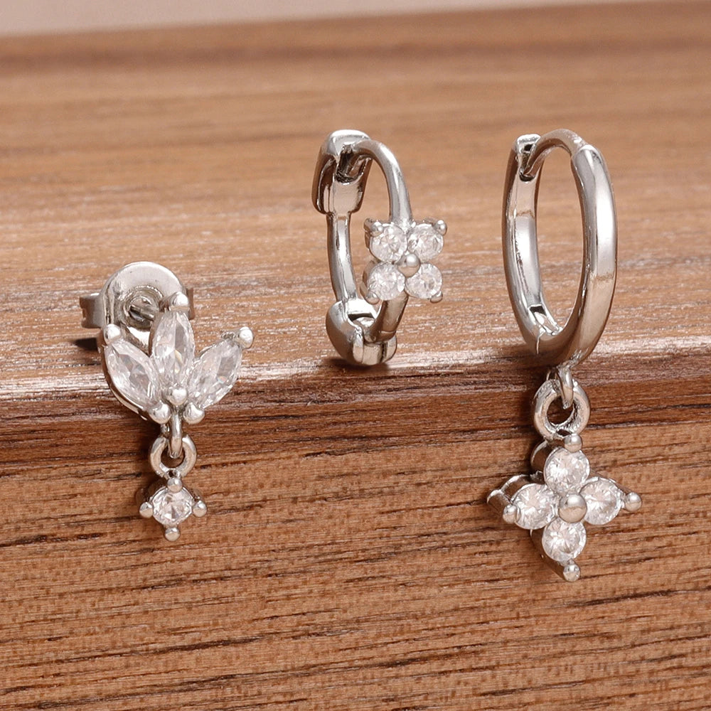 3PCS Stainless Steel Zircon Flower Hoop Earrings Gold Plated Huggies