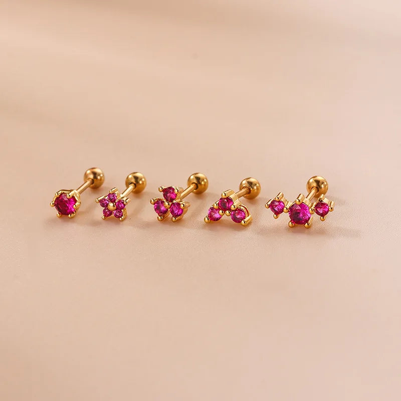 2PCS New Stainless Steel Rose Red Mini Piercing Stud Earrings