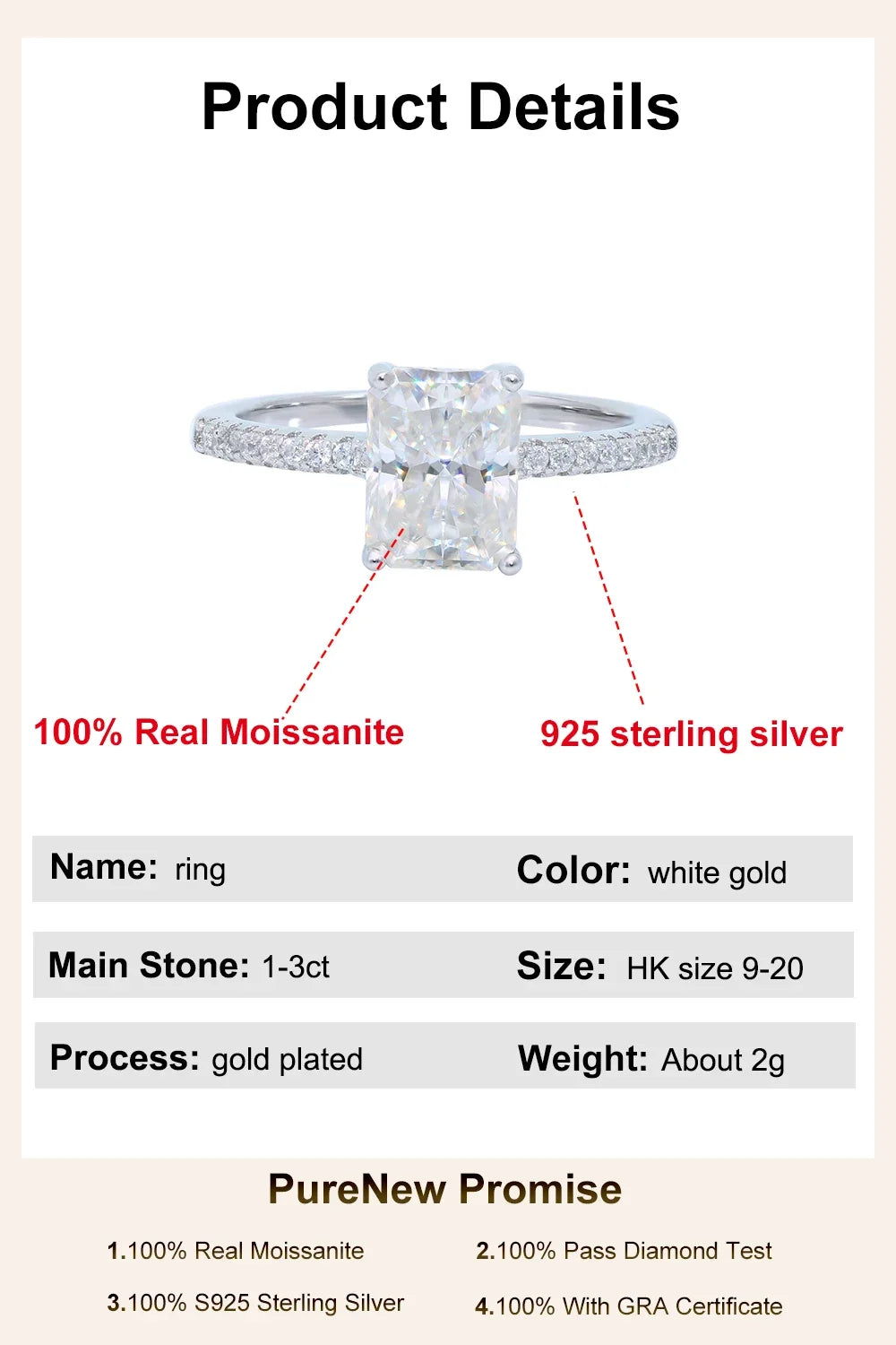 PureNew 1ct-4ct Radiant Cut Full Moissanite Diamond Rings For Women Original 925 Silver Luxury Oval Cut Lady's Diamond Ring 2025