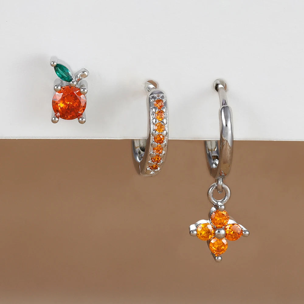 3PCS Stainless Steel Orange Zirconia Flower Pendant Hanging Earrings Set