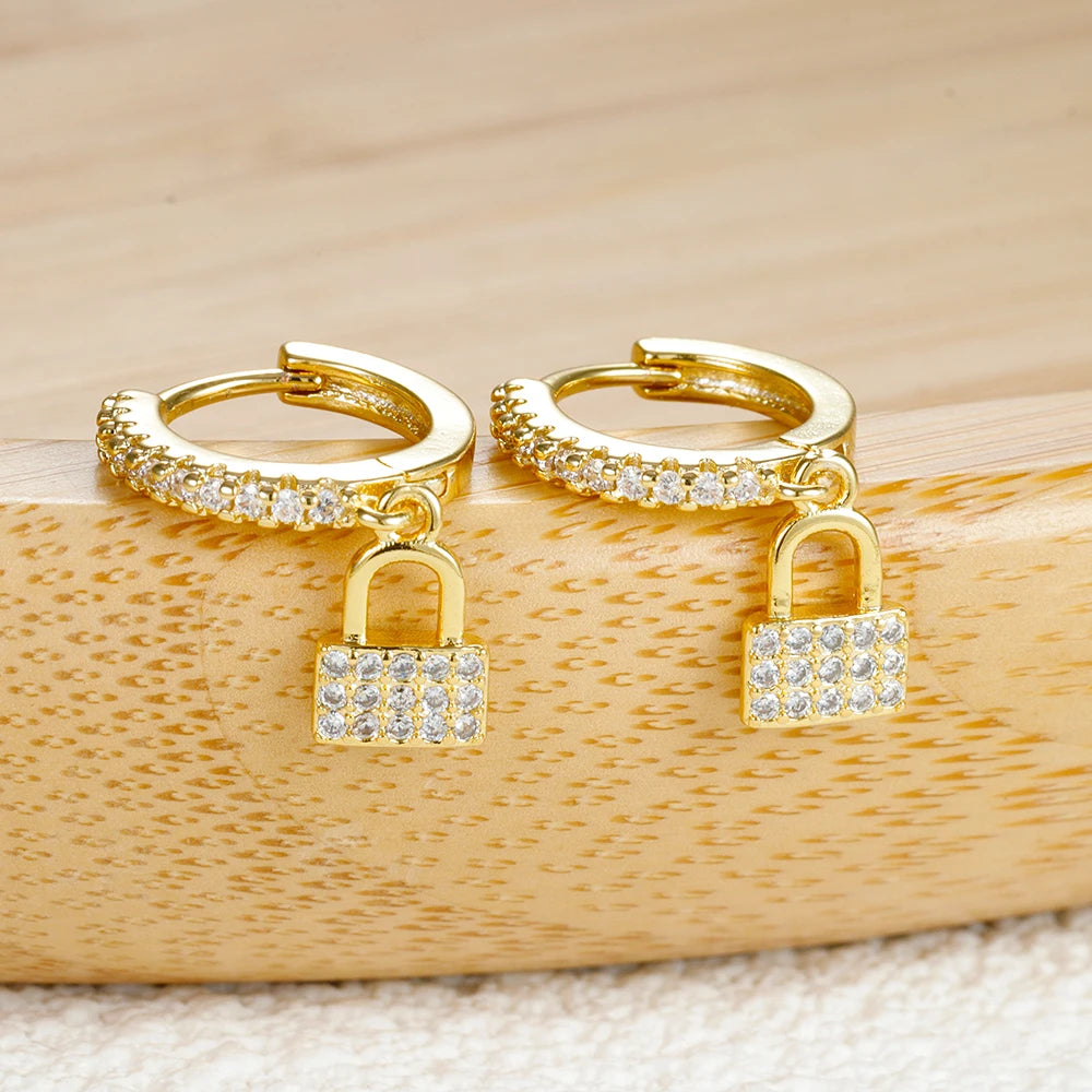 Luxury Zircon Key Lock Asymmetric Hoop Earrings Gold Plated Steel