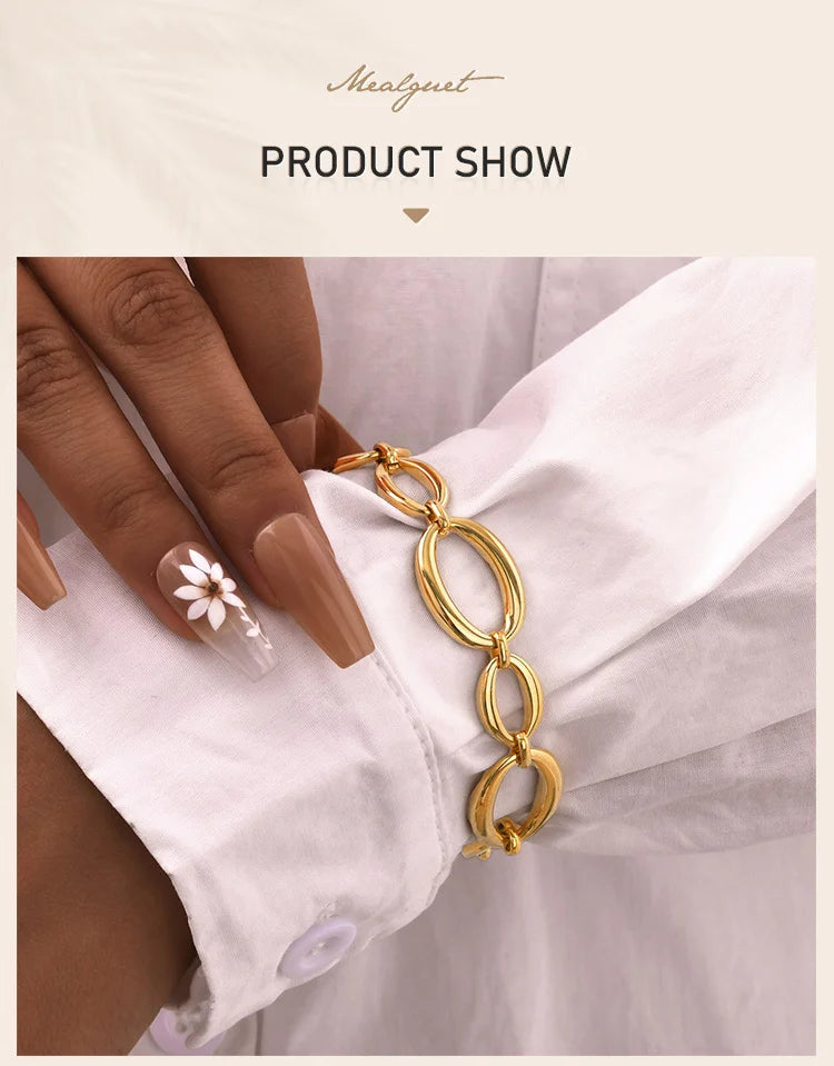 Stainless Steel Oval Fancy Link Chain Bracelets For Women, Chunky Thick Geometric Bangle Hypoallergenic Jewelry