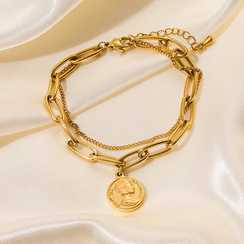 Gold Colour Multilayer Stainless Steel Charm Bracelet Men Women Bangle