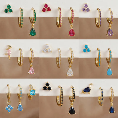 3PCS Waterdrop Shape Zircon Hoop Earrings Triangle Flower Studs