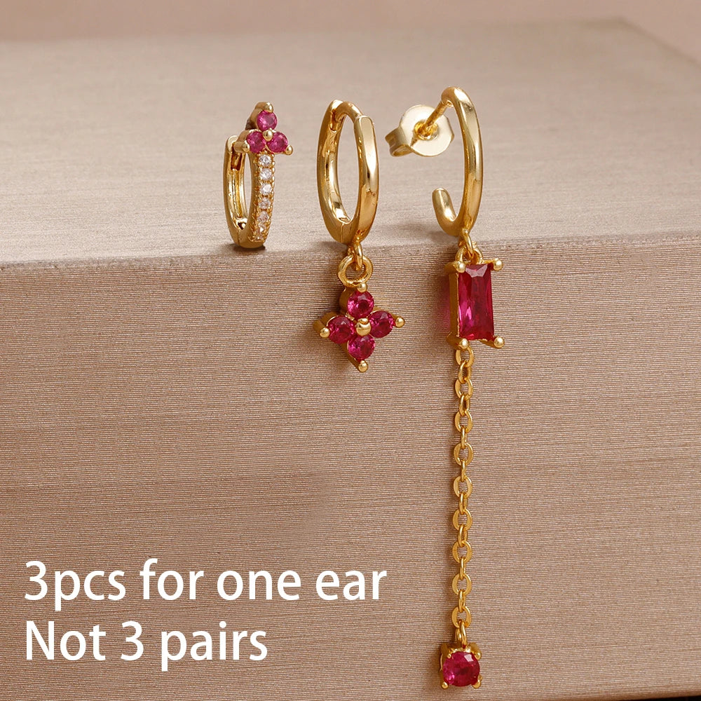 3PCS Unique Stainless Steel Earrings Set Rose Red Crystal Zircon