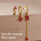 3PCS Unique Stainless Steel Earrings Set Rose Red Crystal Zircon